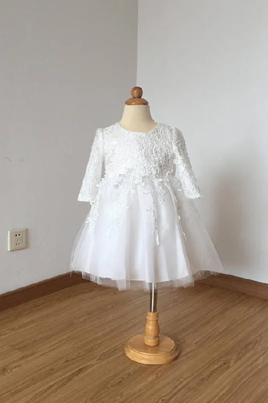 Full Coverage Long Sleeves DressFloor Length Ivory Lace Tulle Long Sleeves Flower Girl Dresses with Bow F020