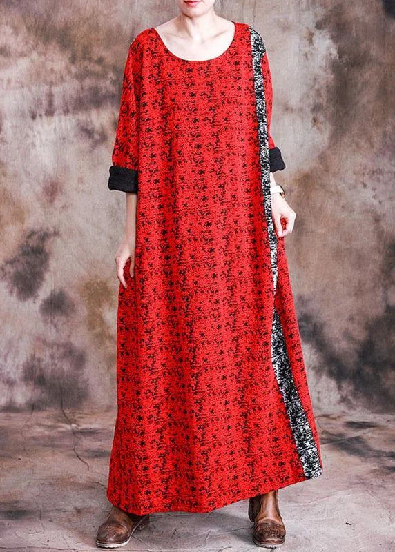 Flirty Silk Long Sleeves DressBeautiful red print cotton quilting dresses o neck long sleeve robes fall Dresses