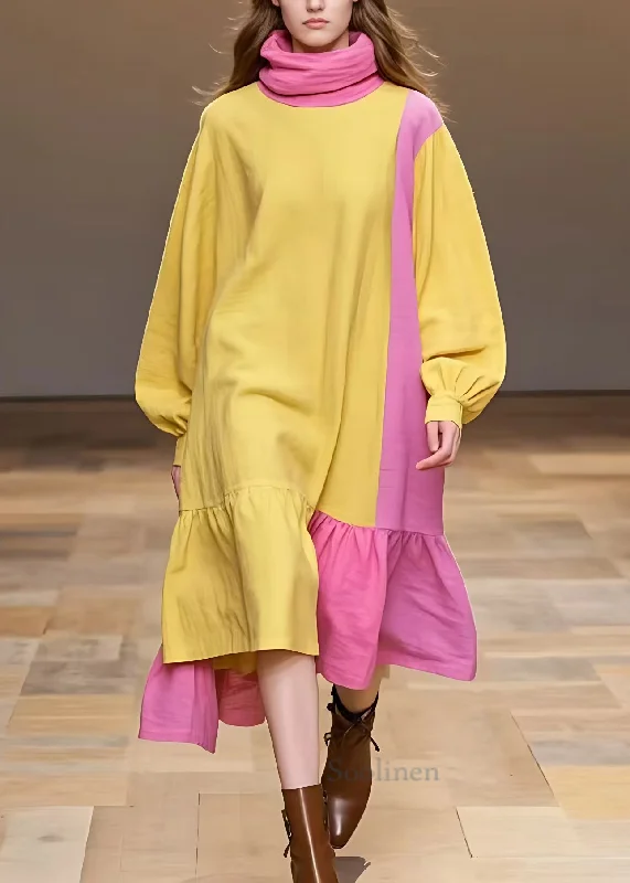 Full-Body Long Sleeves DressElegant Yellow Turtleneck Patchwork Cotton Dress Long Sleeve