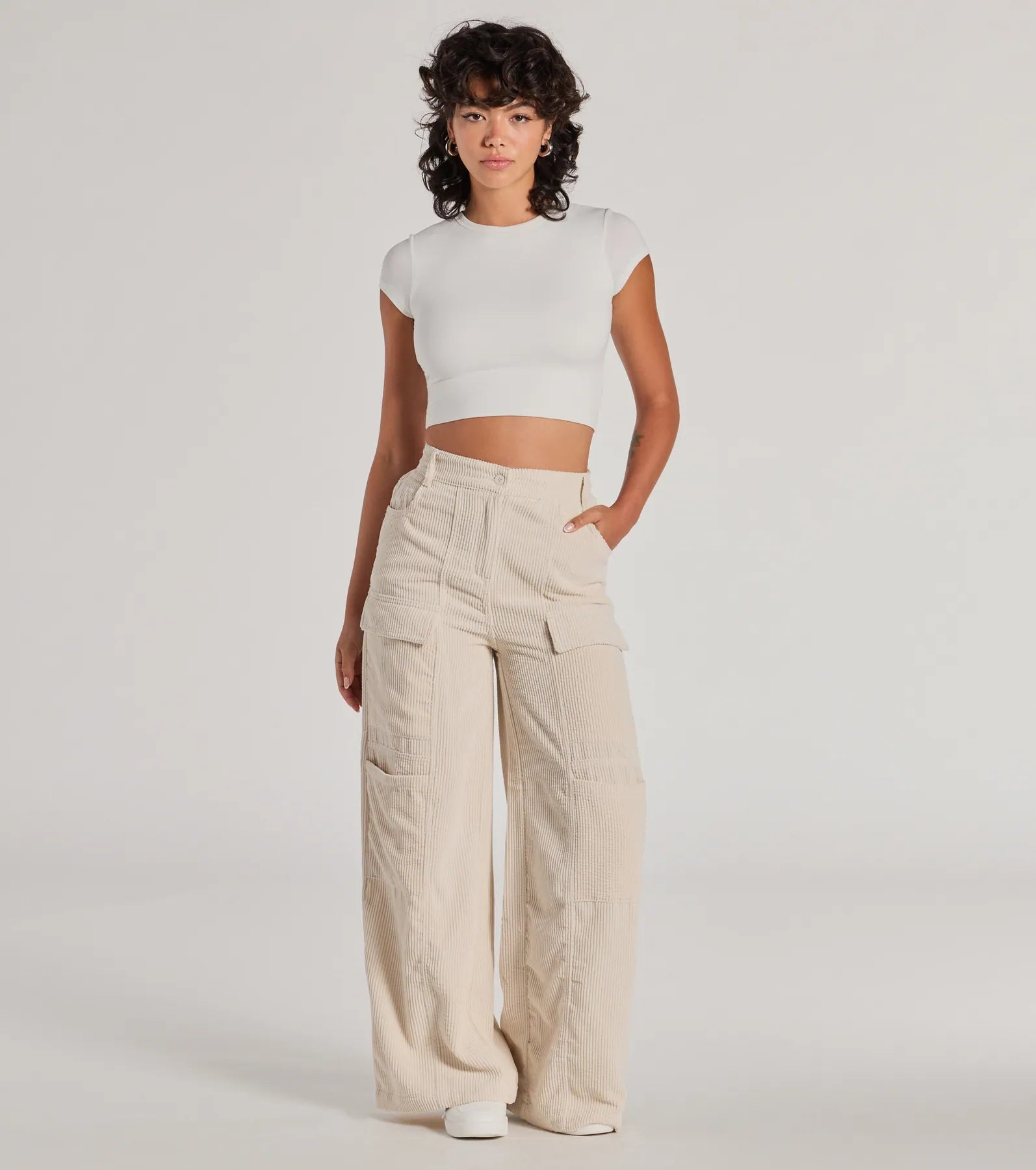 women's polyester pantsEssential High-Rise Corduroy Wide-Leg Cargo Pants