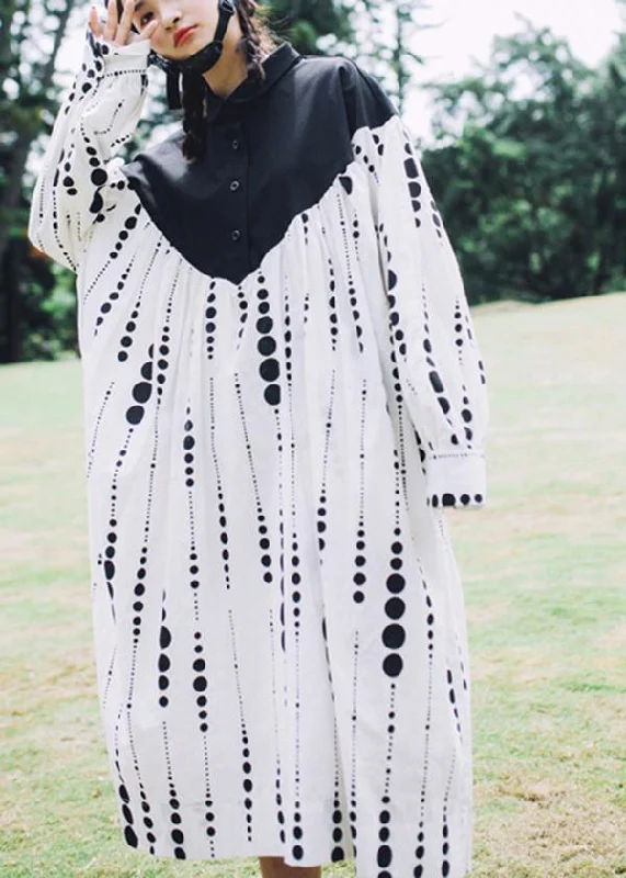 Funky Patterned Long Sleeves DressBlack White Dot Circle Peter Pan Collar Cotton Long sleeve Dress