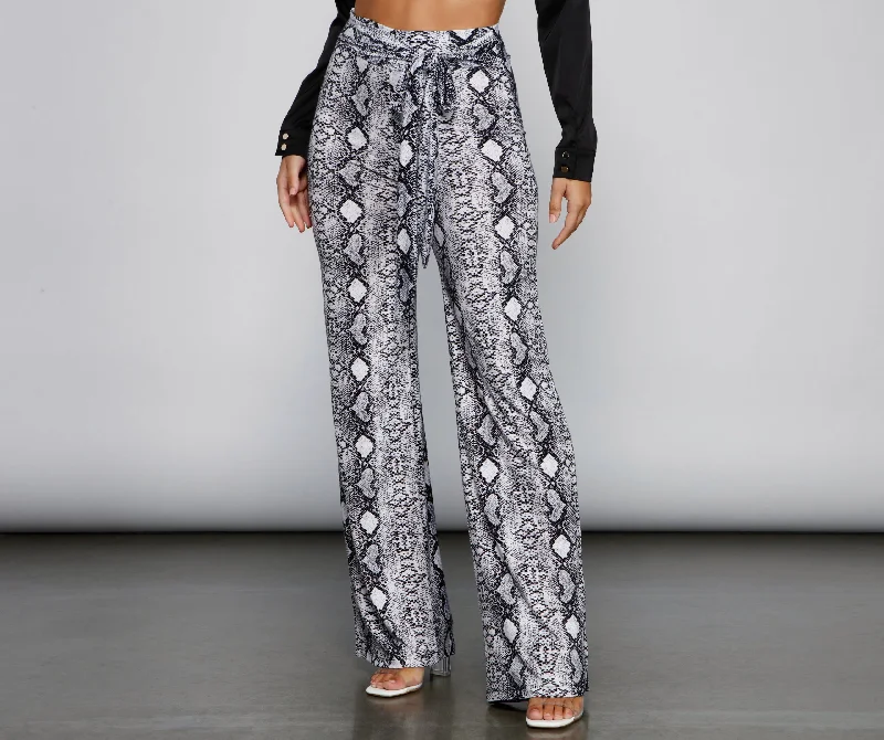 women's travel pantsSo Sassy Tie Waist Snake Print Pants