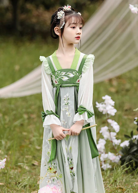 Flowery Silk Long Sleeves DressBoutique Green Ruffled Embroideried Patchwork Chiffon Kids Girls Dress Long Sleeve