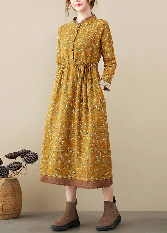 Fitted Long Sleeves High-Low DressArt Yellow Stand Collar tie waist Print Lace Patchwork Dresses Long Sleeve