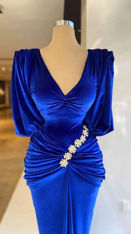 halter-neck party dressesEvening Dresses Dubai V-Neck Short Sleeves Velvet Pleats Appliques Royal Blue Mermaid Formal Prom Party Dress Y4935