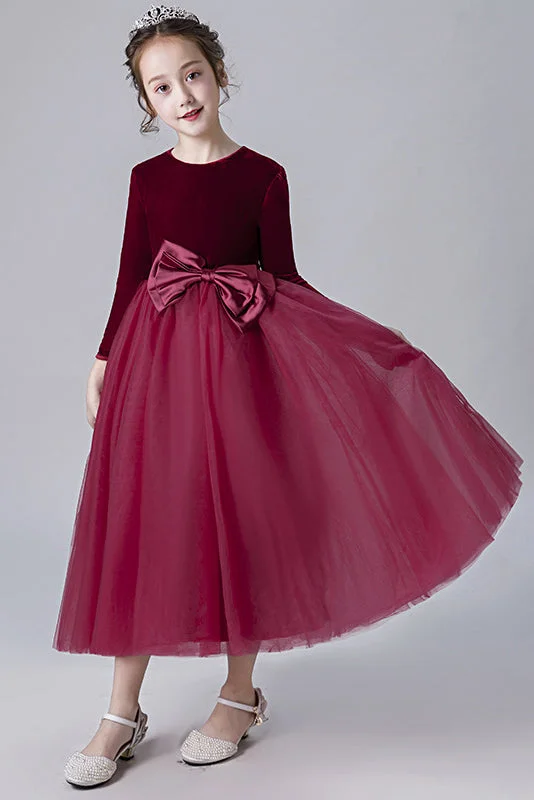 Fancy Lace Long Sleeves DressA Line Burgundy Long Sleeves Tulle Flower Girl Dress