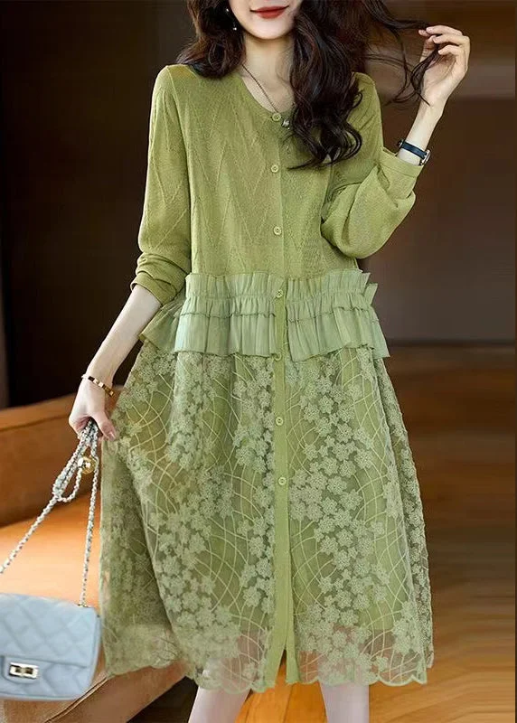 Funky Long Sleeves Jumpsuit DressStylish Green Ruffled Button Lace Patchwork Dresses Long Sleeve