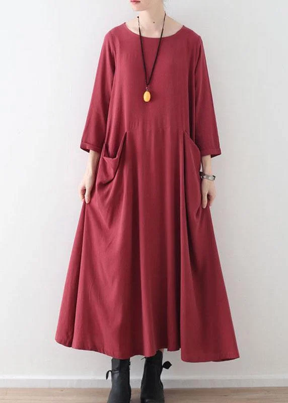 Flirty Long Sleeves DressHandmade Red Pockets Long sleeve Loose Dress Fall