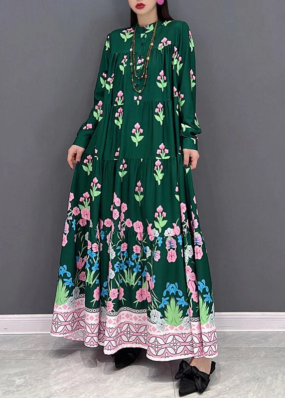 Fashionable Long Sleeves Off-the-Shoulder DressGreen Print Long Beach Dresses wrinkled Long Sleeve