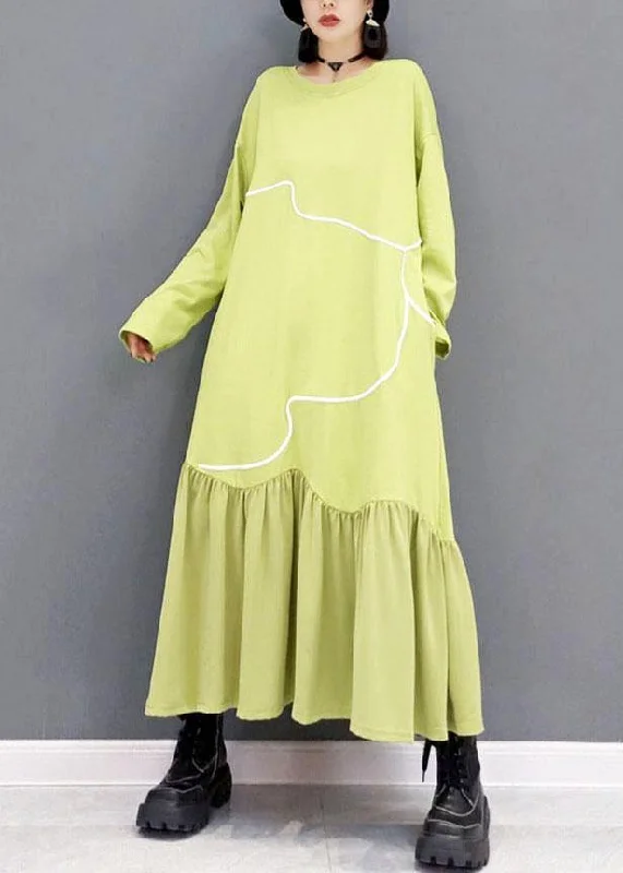 Fuzzy Long Sleeves DressWomen Light Green O-Neck Patchwork Holiday Dress Fall Long Sleeve