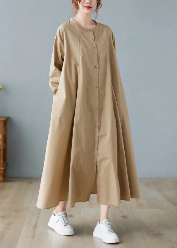 Flowery Silk Long Sleeves DressElegant Khaki O-Neck Button Cotton Long Shirts Dress Long Sleeve