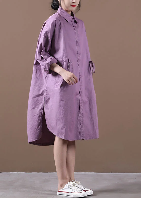 Flexible Long Sleeves Tunic DressCasual Purple Peter Pan Collar Button Cotton Shirt Dresses Long Sleeve