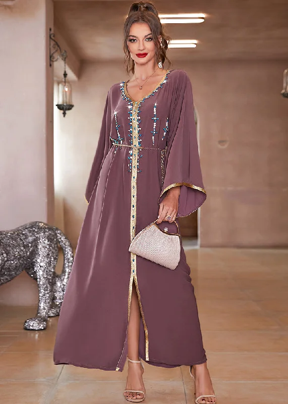 Flowery Long Sleeves DressPlus Size Purple Lace Patchwork Chiffon Robe Dresses Long Sleeve