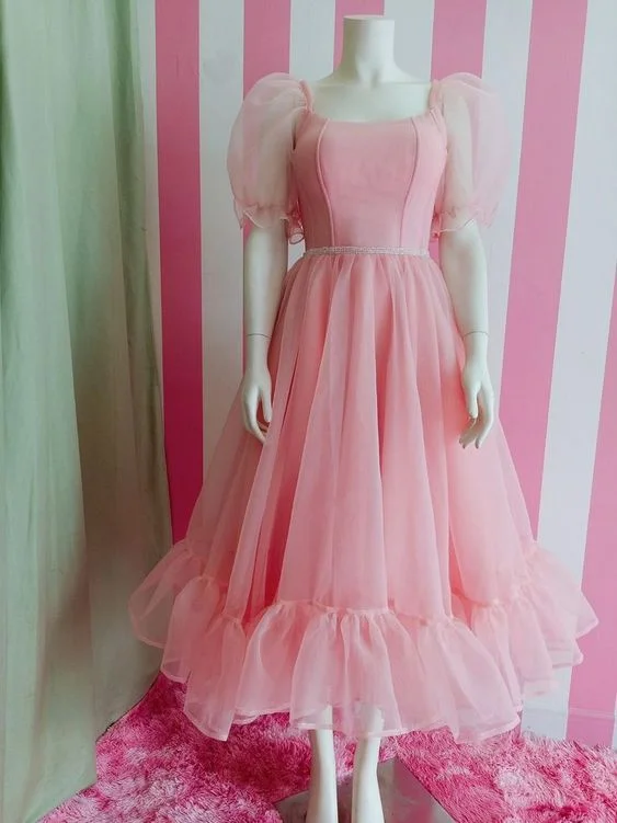 stylish party dressesFashion Pink A-line Prom Dress with Puff Sleeves,Pink Party Dress Y6259