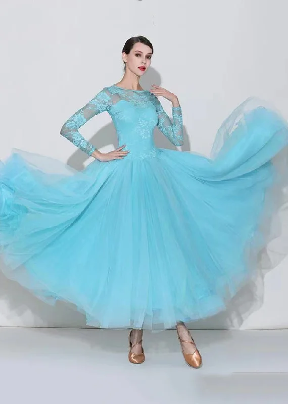 Flowing Chiffon Long Sleeves DressWomen Light Lake Blue O-Neck Lace Patchwork Dance Dress Long Sleeve