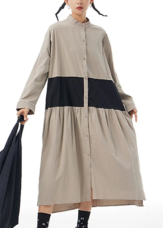 Flowing Chiffon Long Sleeves DressStylish Khaki Stand Collar Patchwork Button Cotton Long Shirt Dress Long Sleeve