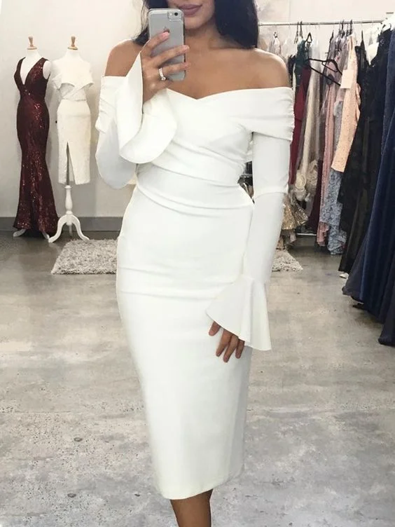 mother-of-the-bride party dressesWhite Off The Shoulder Sheath Party Dress,White Homecoming Dress,White Cocktail Dress Y6873