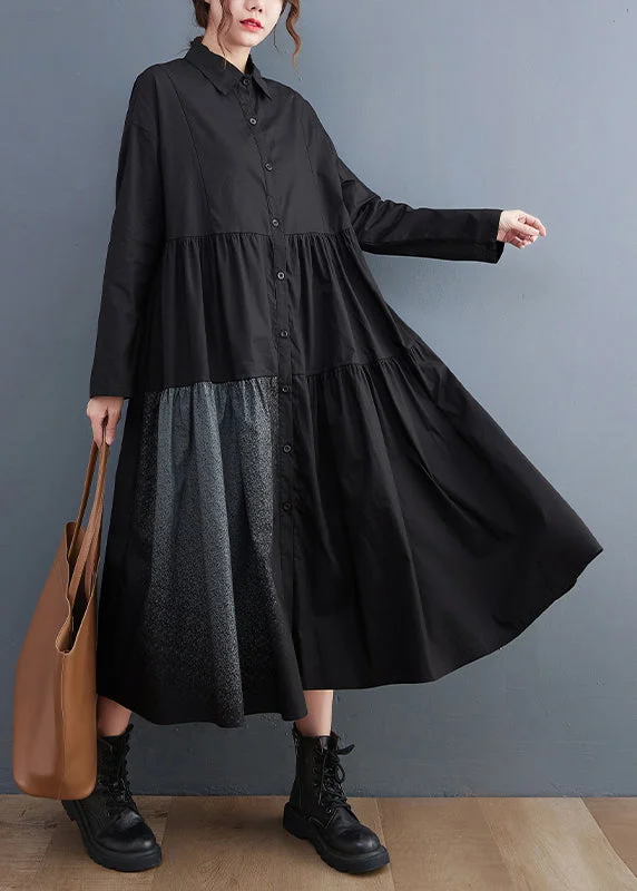 Flowery Long Sleeves Peplum DressLoose Black Button Peter Pan Collar Cotton Shirt Dress Long Sleeve