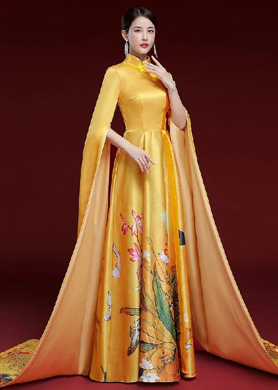 Formal Party Long Sleeves DressVintage Yellow Standing Neck Printed Pleated Dress Long Sleeve