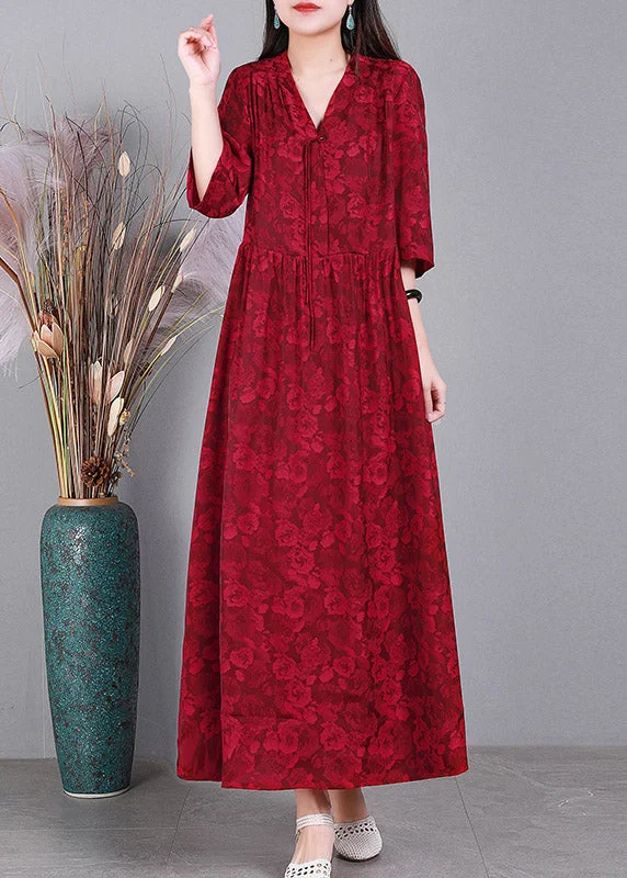 Funky Long Sleeves Jumpsuit DressMulberry V Neck Print Cinched Silk Vacation Dresses Long Sleeve