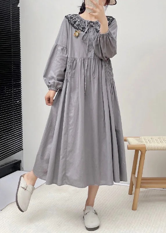 Formal Long Sleeves Lace-Up DressGrey Button Wrinkled Cotton Dresses Embroidered Long Sleeve