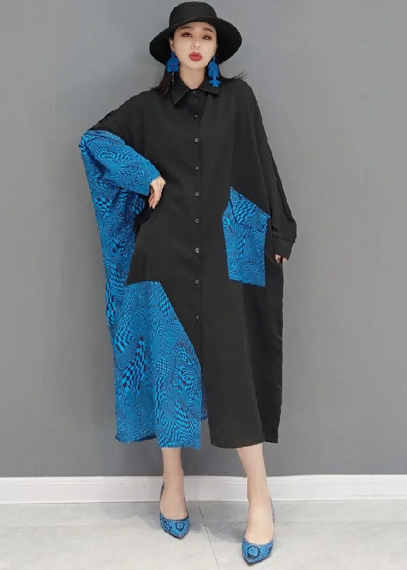 Full-Length Long Sleeves Mermaid DressFrench Black Blue Peter Pan Collar Pockets Patchwork Cotton Loose Shirt Dresses Long Sleeve