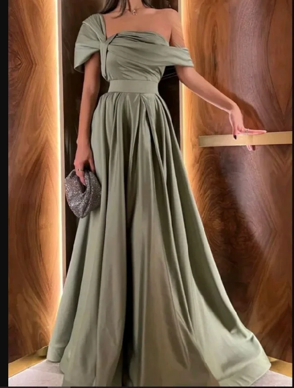 A-line party dressesA-line Sage Satin Asymmetrical Neckline Evening Dress Y5345