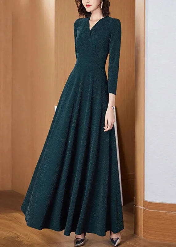 Fancy Long Sleeves Ball GownSlim Fit Blackish Green V Neck Wrinkled Dress Long Sleeve