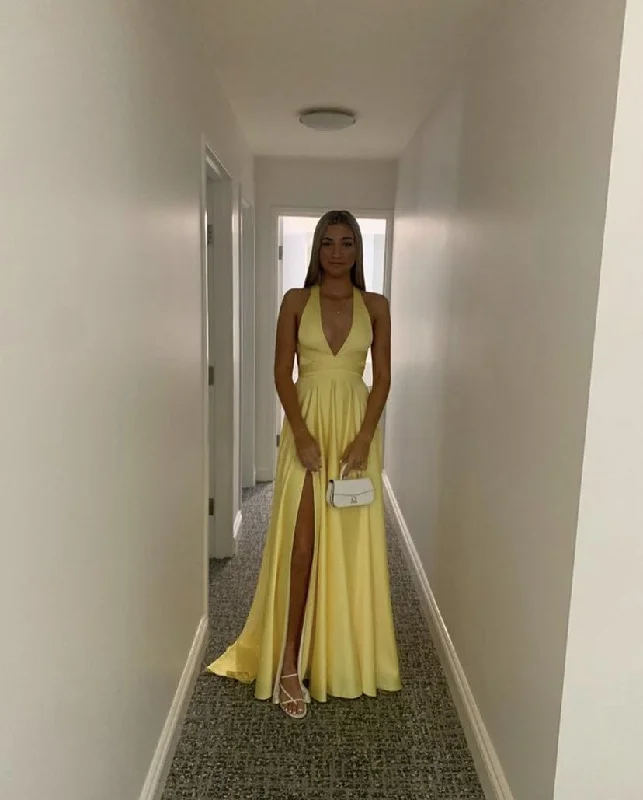 maximalist party dressesModest Yellow Satin Long Evening Dresses with Side Slit Formal Party Dress  Y5217