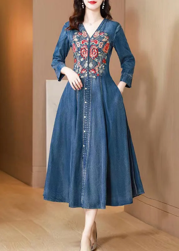 Fashionable Long Sleeves A-Line DressNatural Blue V Neck Embroidered Patchwork Denim Dress Long Sleeve