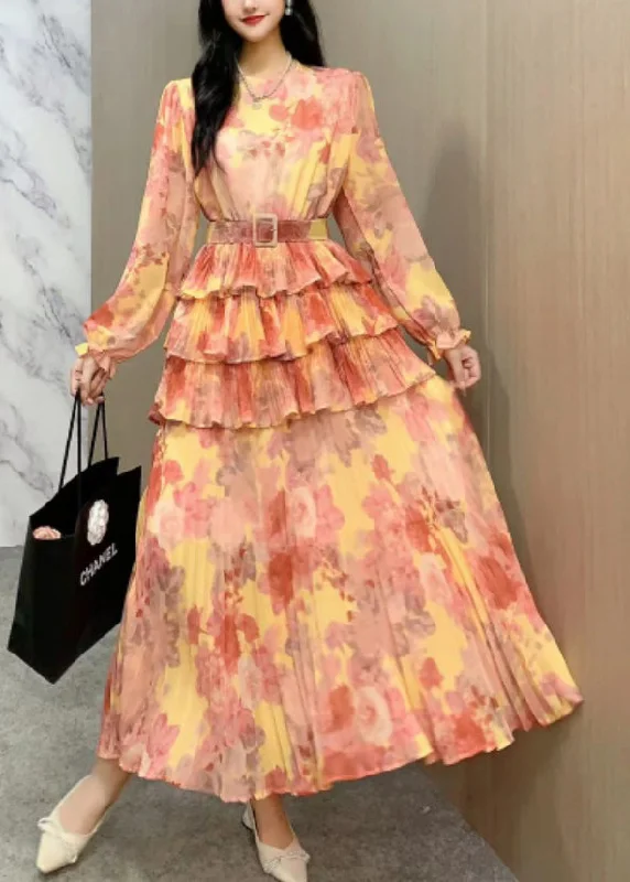 Fresh Floral Long Sleeves DressStyle Orange Ruffled Patchwork Tie Waist Chiffon Dresses Long Sleeve