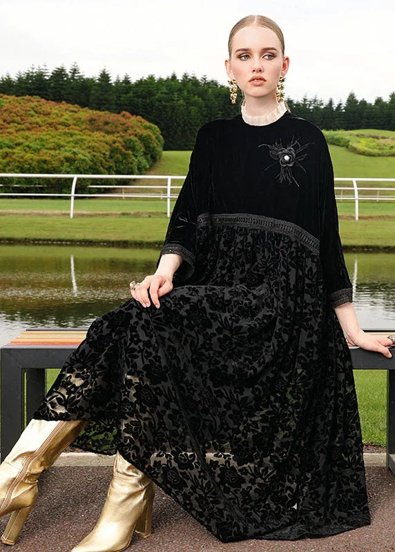 Flowery Long Sleeves Tea DressItalian Black Floral Embroidered Patchwork Silk Velour Dress Long Sleeve