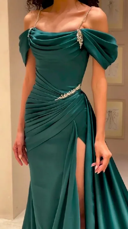 flowy party dressesOff-the-Shoulder Mermaid Evening Dress High Split Long With Pleats Beads Y5904