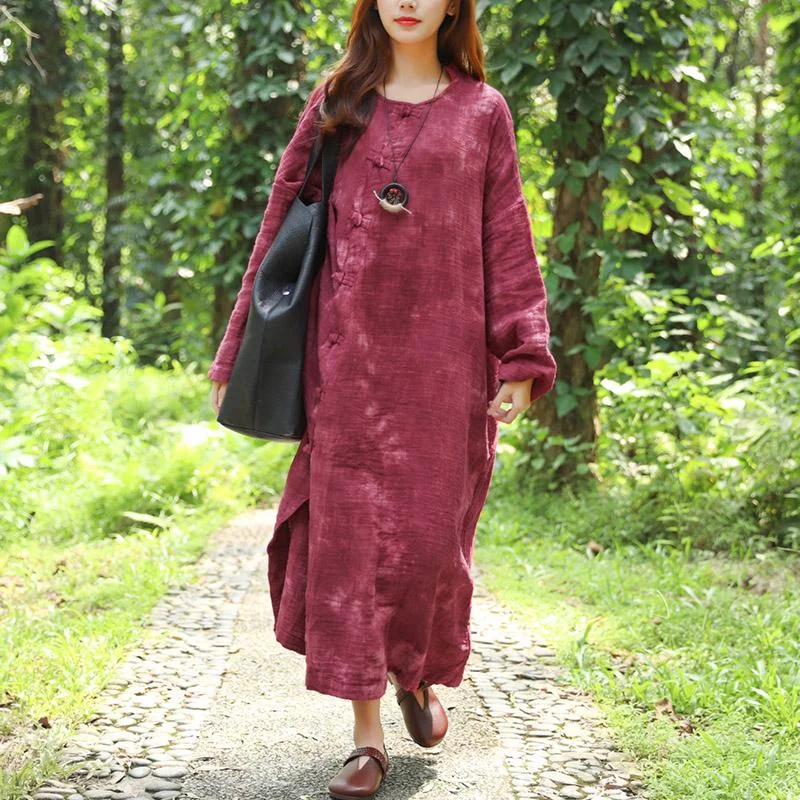 Fitted Lace Long Sleeves DressFrench cotton linen quilting clothes Fine Autumn Long Sleeve Dyeing Red Dress For Women