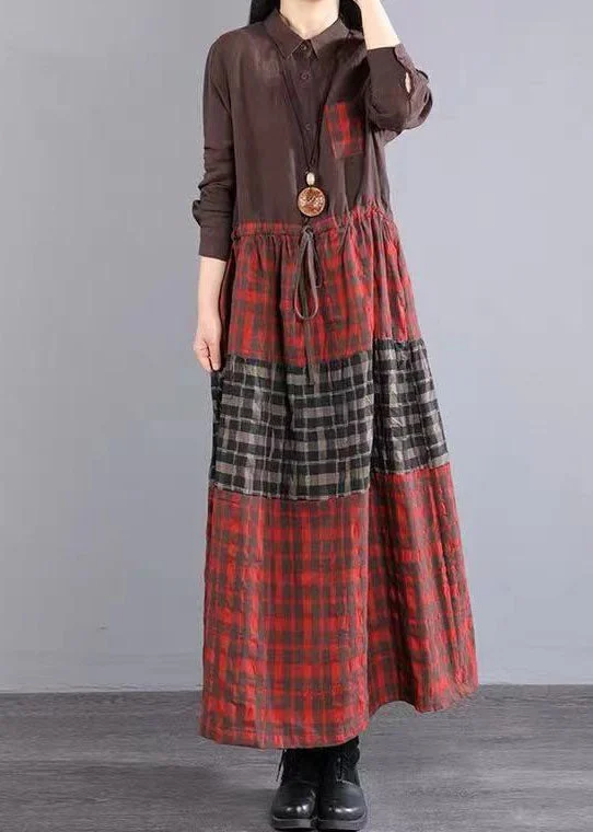 Full-Figured Long Sleeves DressElegant Chocolate Peter Pan Collar Button Tie Waist Plaid Linen Holiday Dress Long Sleeve