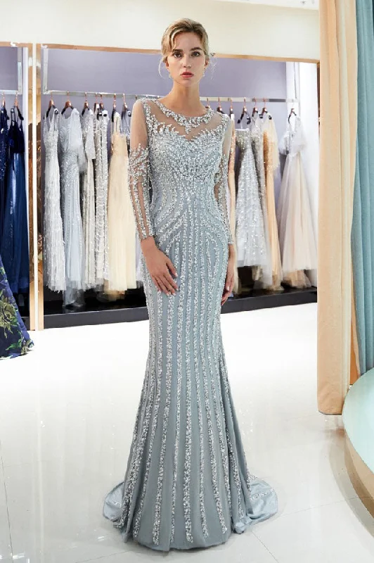 Feminine Long Sleeves DressGorgeous Mermaid Crystal Sweep Train Long Sleeves Beaded Evening Dresses N2281