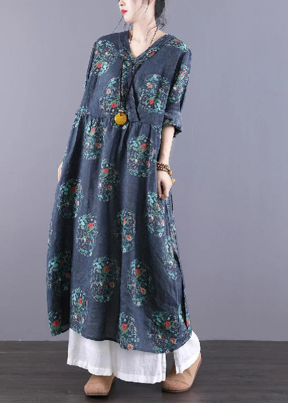 Flexible Cotton Long Sleeves DressVintage Navy V Neck Print Patchwork Wrinkled Dress Long Sleeve