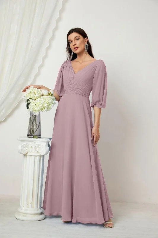 stretchy party dressesNumbersea  Formal Prom Gown Women V-Neck Chiffon Bridesmaid Dresses Long Bishop Sleeve Party Dress 2807