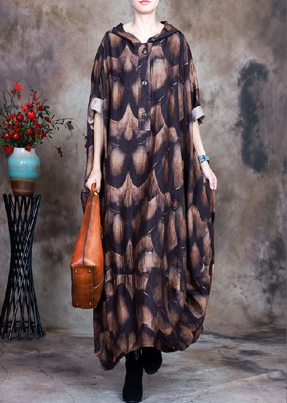 Fabulous Long Sleeves DressNatural Chocolate hooded Button Print asymmetrical design Fall Dress Long sleeve