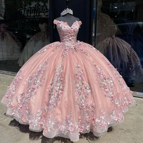 themed party dressesOff Shoulder 3D Appliques Ball Gown Quinceanera Dress For 15 Birthday Party Y6298