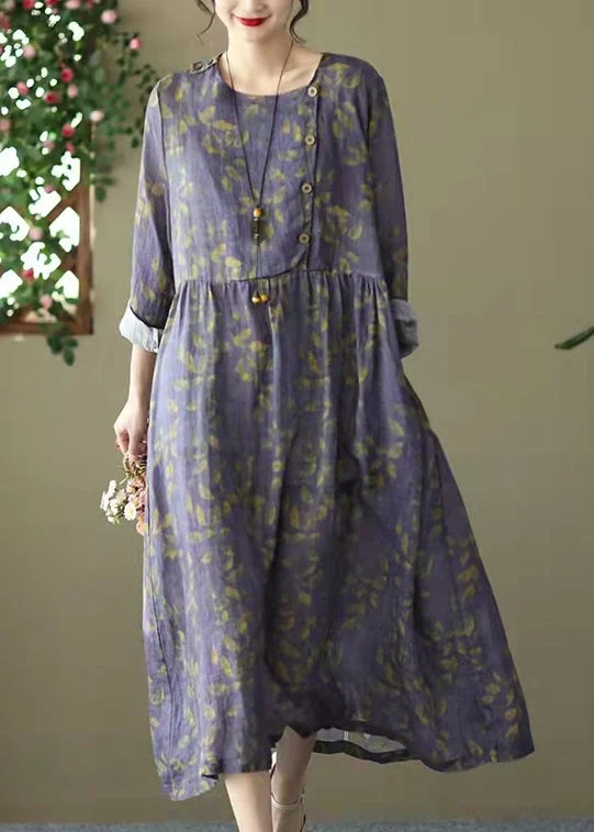 Fitted Silk Long Sleeves DressPlus Size Purple O-Neck Cinched Button Print Linen Dress Long Sleeve