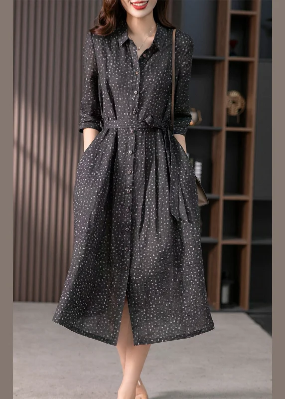 Fashionable Satin Long Sleeves DressVintage Black Peter Pan Collar Print Button Tie Waist Linen Long Shirts Dress Long Sleeve