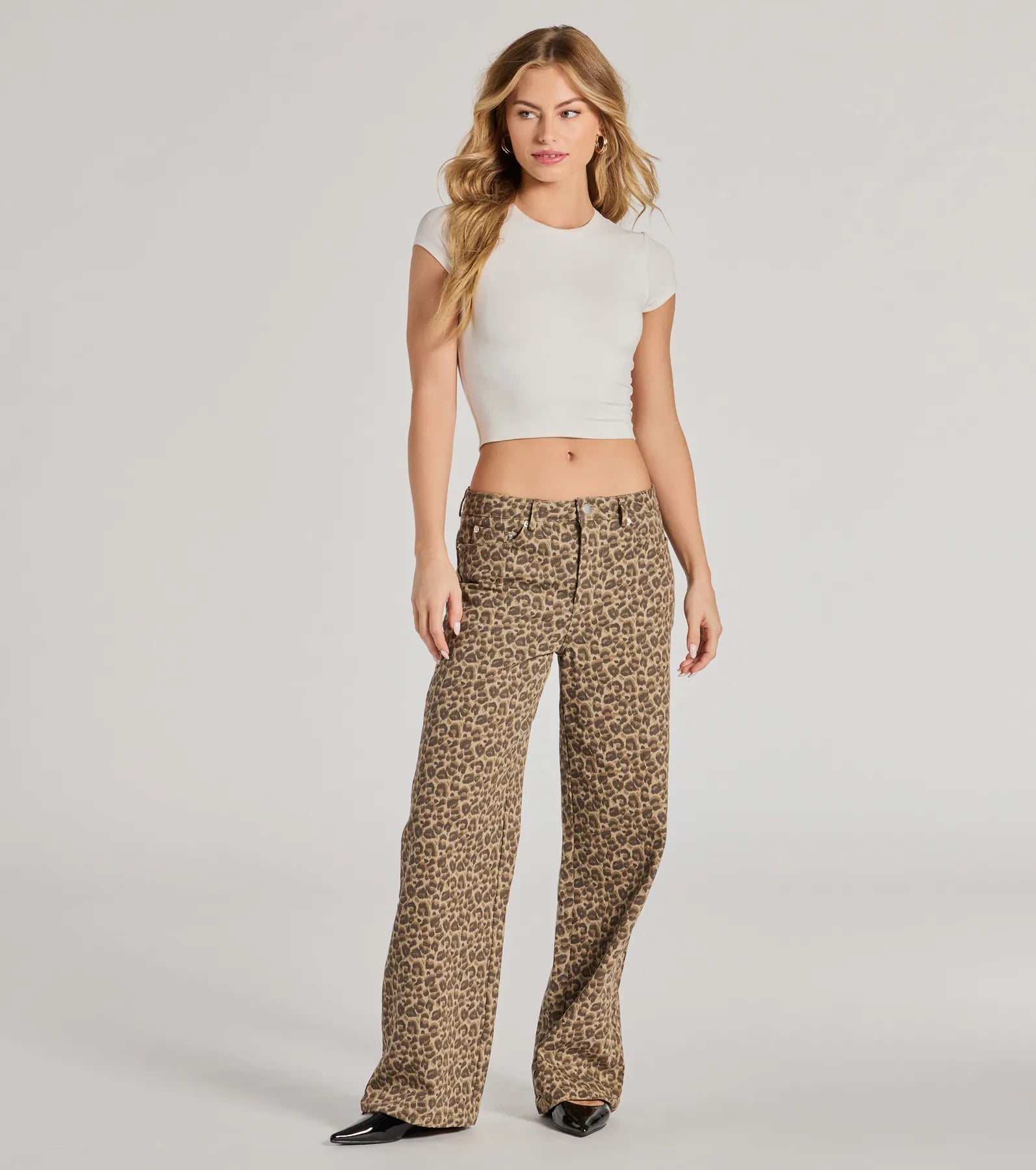 women's workout pantsWildly Chic Mid-Rise Leopard Print Baggy Pants