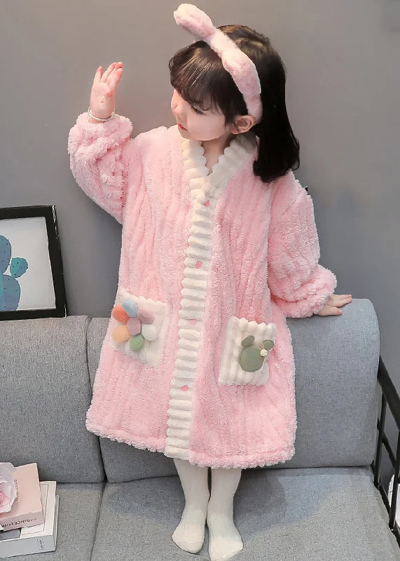 Fancy Long Sleeves Satin Slip DressArt Pink Button Patchwork Fluffy Girls Pajamas Dress Long Sleeve