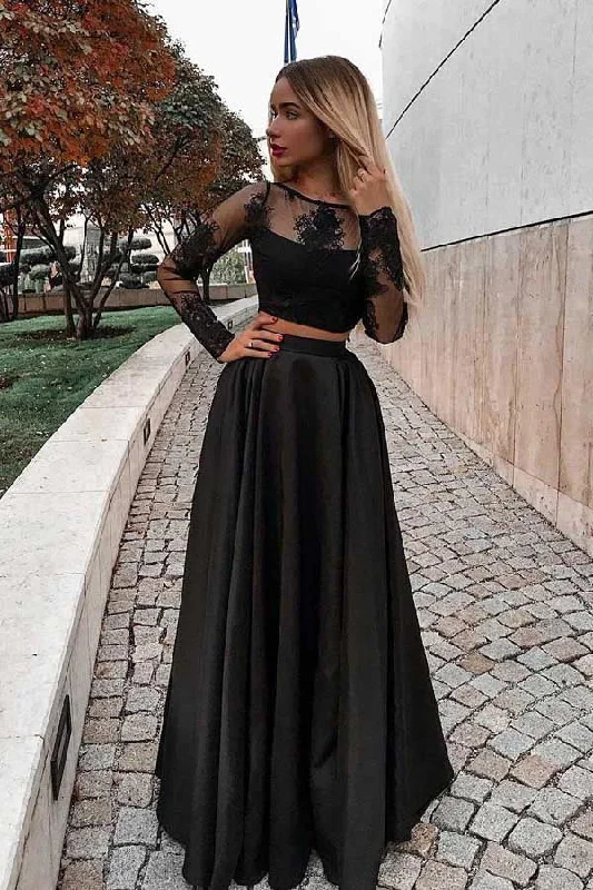 Fun Long Sleeves DressSexy Black Two Pieces Long Sleeves Evening Dresses with Lace