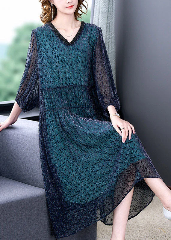 Funky Long Sleeves Maxi DressElegant Blue V Neck Wrinkled Patchwork Silk Dress Long sleeve