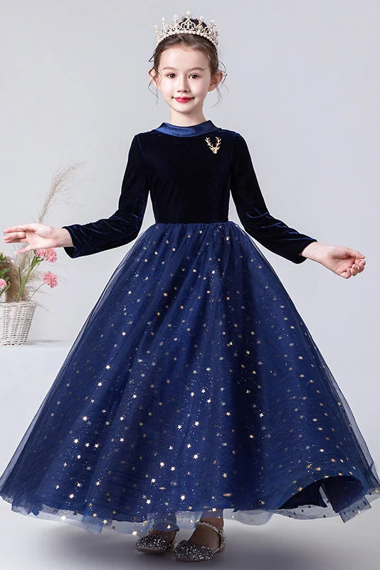 Flexible Fit Long Sleeves DressA Line Navy Blue Long Sleeves Star Tulle Flower Girl Dresses