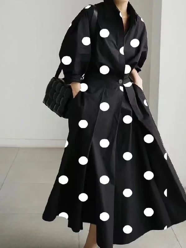 Funky Long Sleeves Dress2024 Black dot Peter Pan Collar Pockets Cotton Dress Long Sleeve