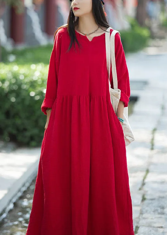 Fitted Long Sleeves Midi DressRed Wrinkled Patchwork Linen Dress V Neck Long Sleeve