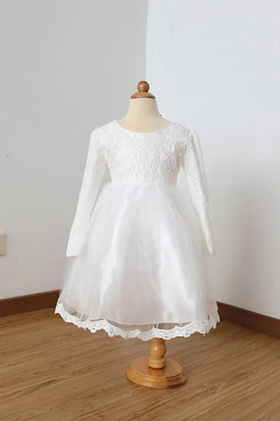 Fuzzy Wool Long Sleeves DressA Line Long Sleeves Ivory Lace Tulle Flower Girl Dresses with Lace Edge and Bowknot F021